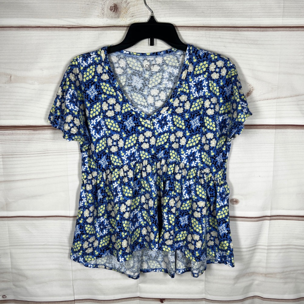 LOFT Peplum Top Women Medium Blue Floral V-Neck Short Sleeve Cotton T-Shirt